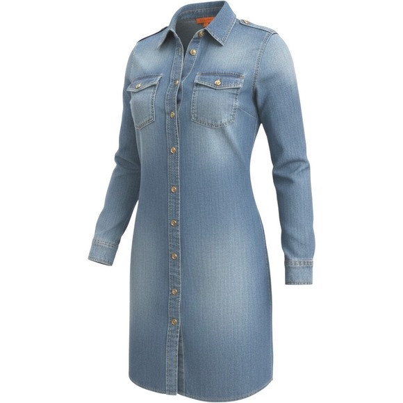 Tory Burch Dresses & Skirts - Tory Burch Shirt Dress Womens 6 Blue Chambray Gold Logo Button Military Utility